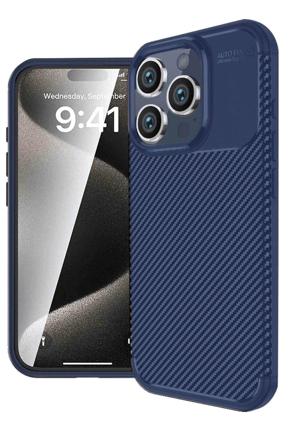 iPhone 16 Pro Kılıf Auto Focus Karbon Kapak - Lacivert-(5796)