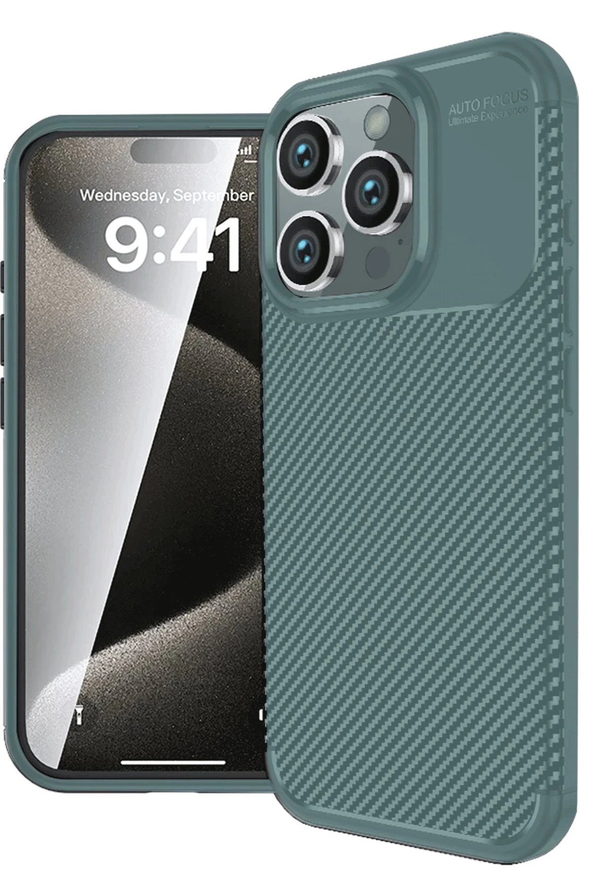 iPhone 16 Pro Max Kılıf Auto Focus Karbon Kapak - Koyu Yeşil-(5796)