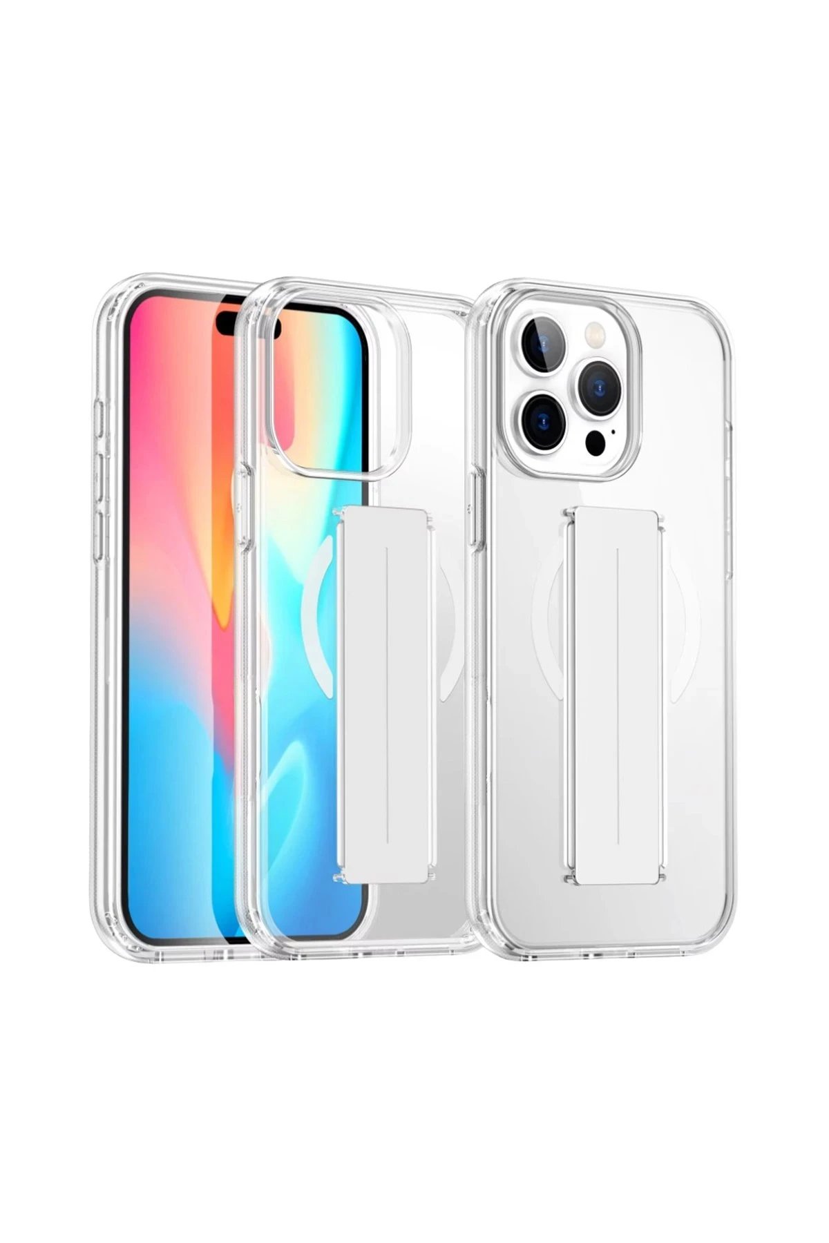 iPhone 15 Pro Max Kılıf Alfa Magsafe Standlı Kapak - Şeffaf-(5796)