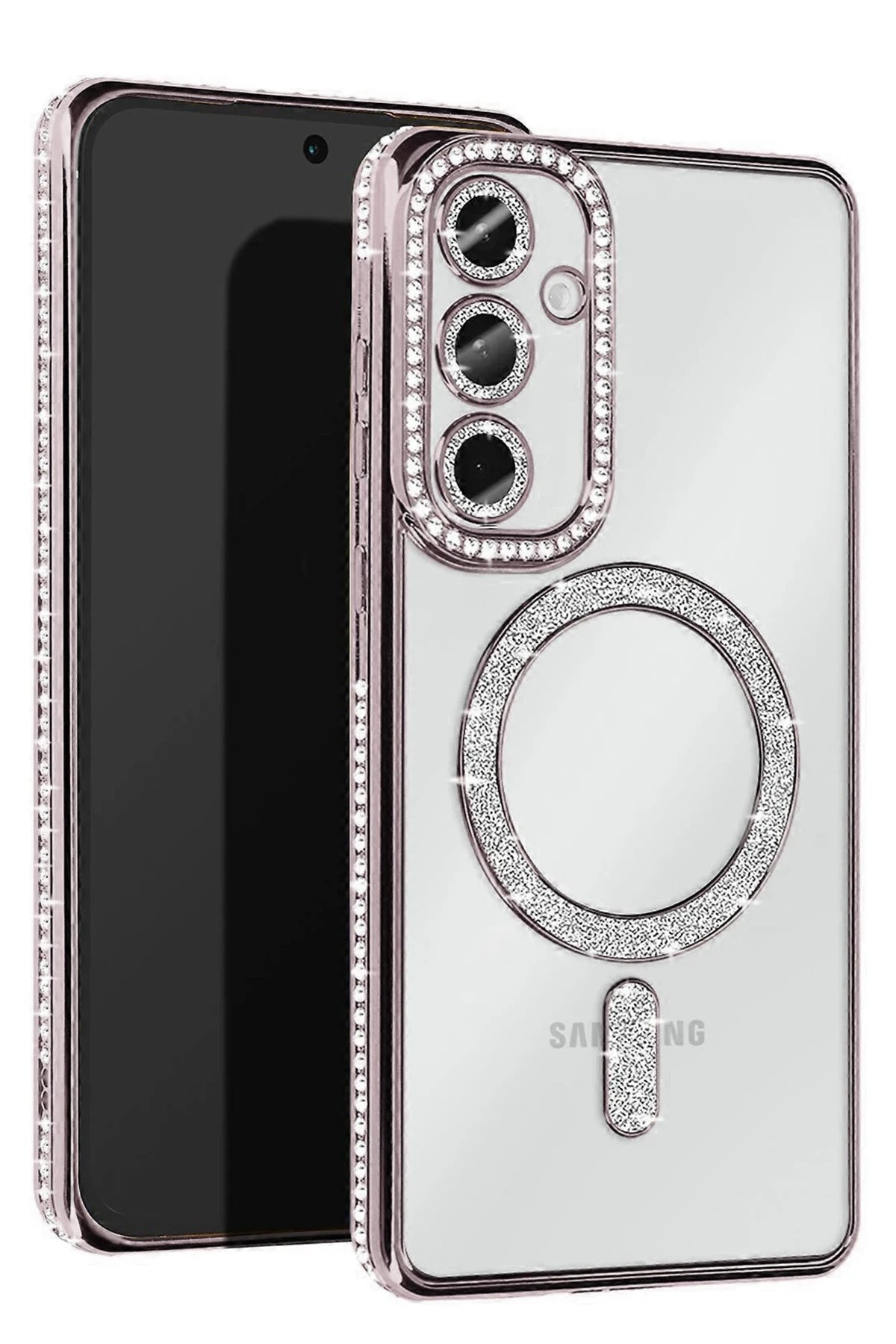 Samsung Galaxy S25 Kılıf Joke Simli Magneticsafe Kılıf - Gümüş-(5796)