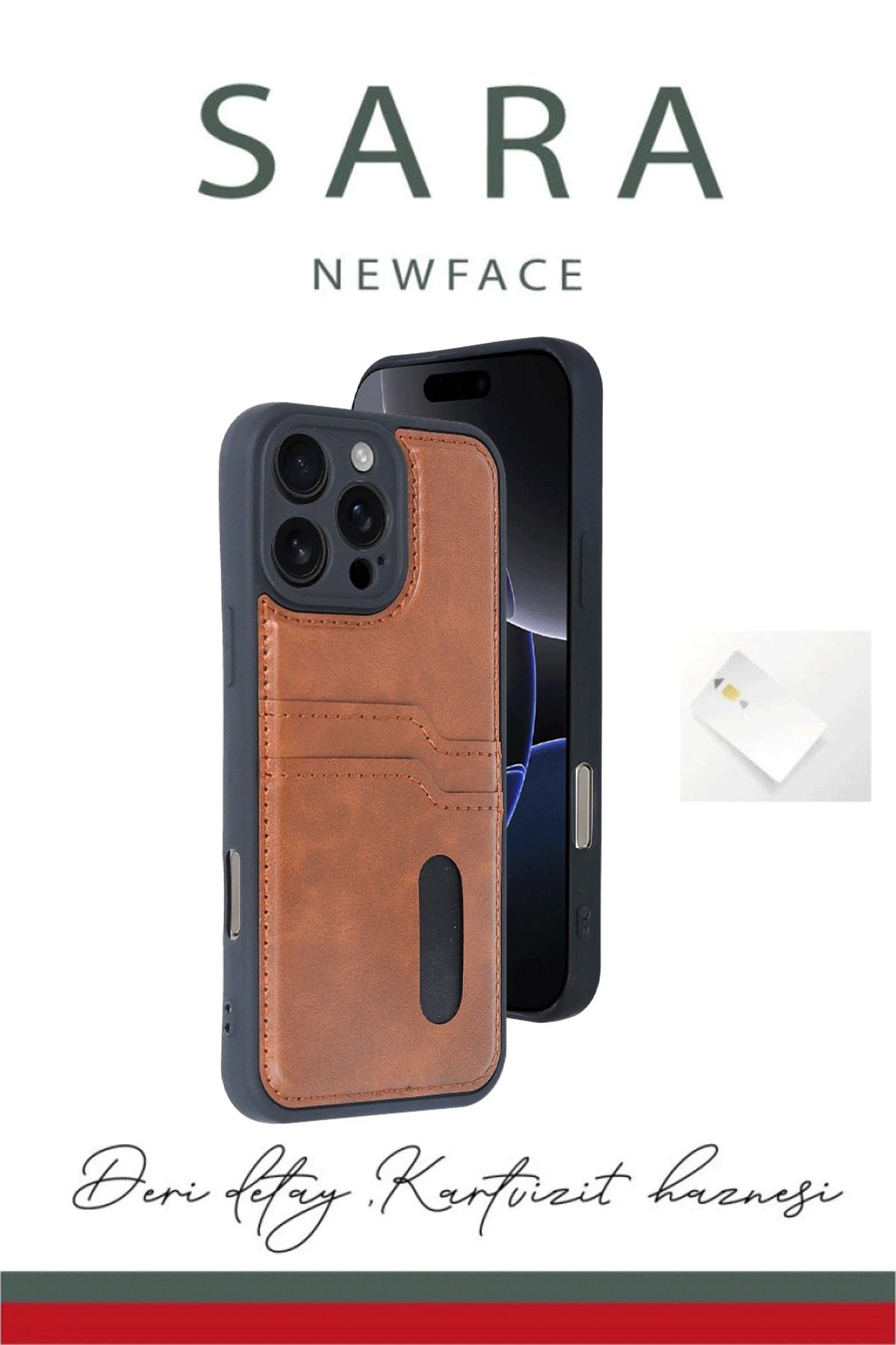 iPhone 16 Pro Kılıf Sara Kartvizitli Deri Kılıf - Siyah-(5796)