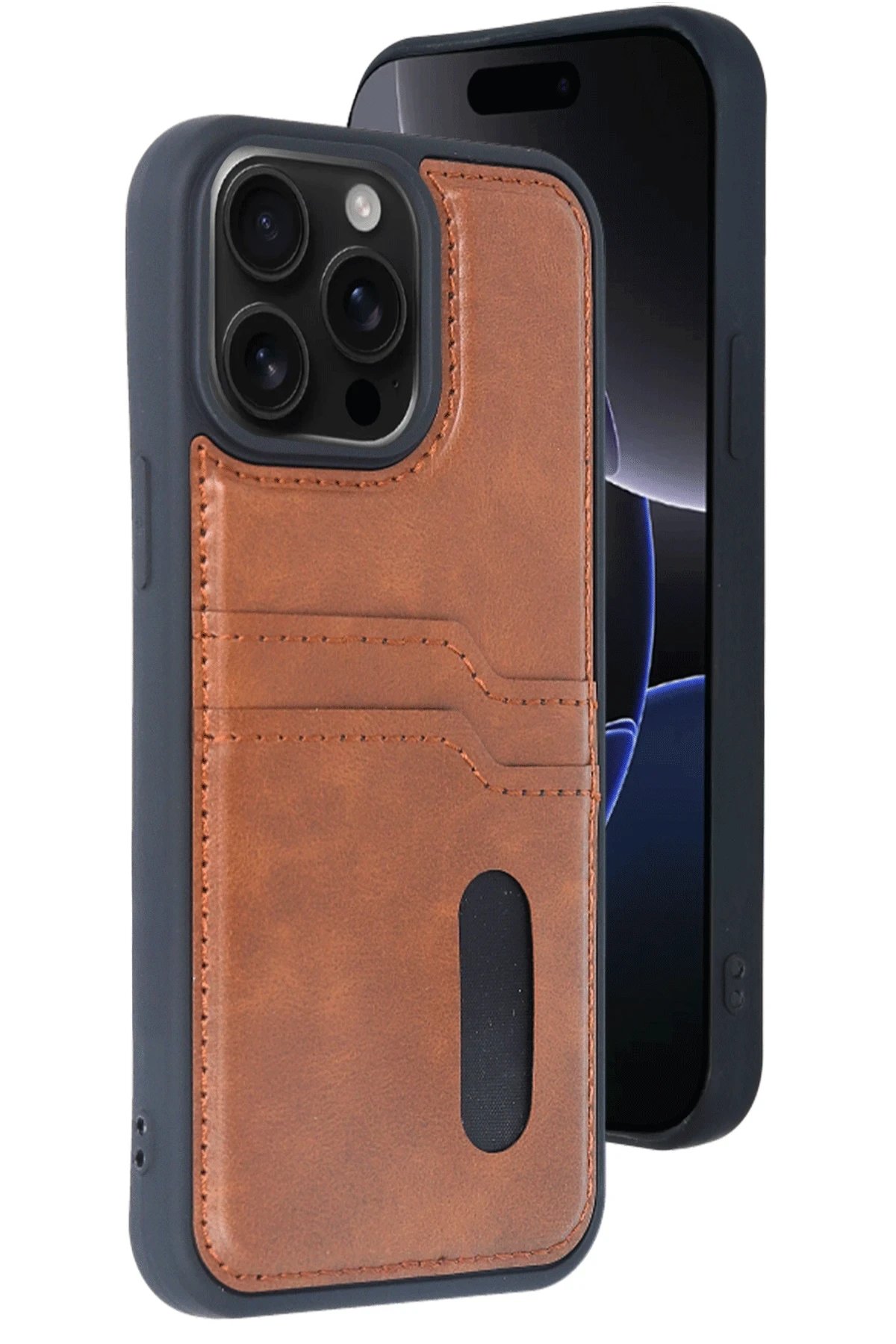 iPhone 15 Pro Max Kılıf Sara Kartvizitli Deri Kılıf - Taba-(5796)