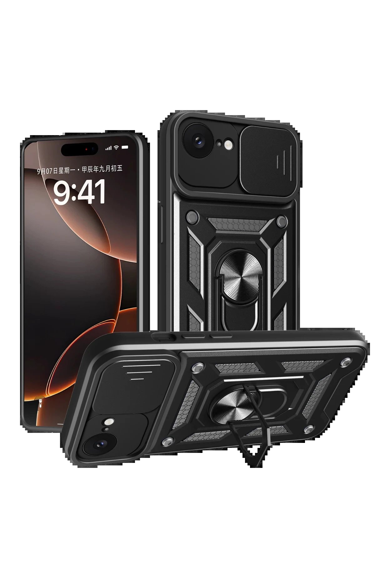 iPhone 16E Kılıf Pars Lens Yüzüklü Silikon - Siyah-(5796)
