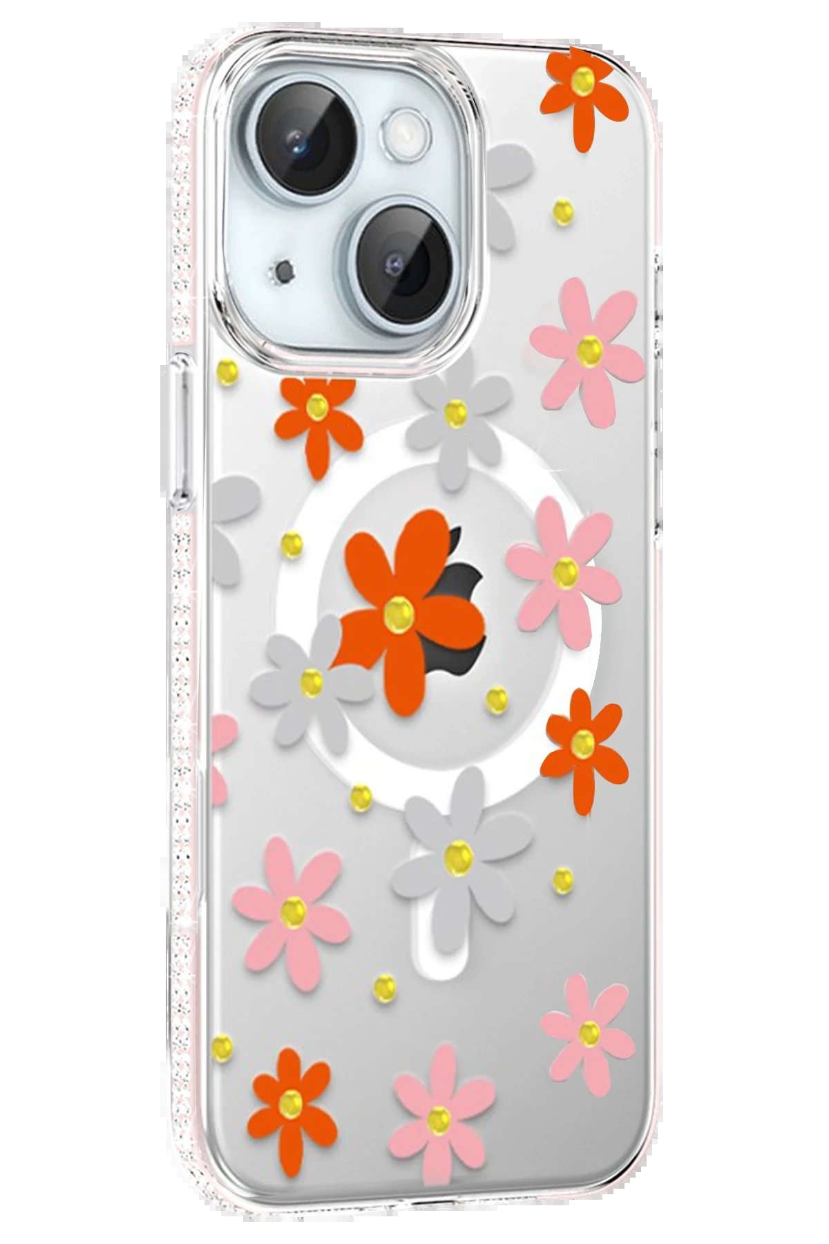 Apple iPhone 14 Floral Magsafe Kapak - Turuncu-(5796)