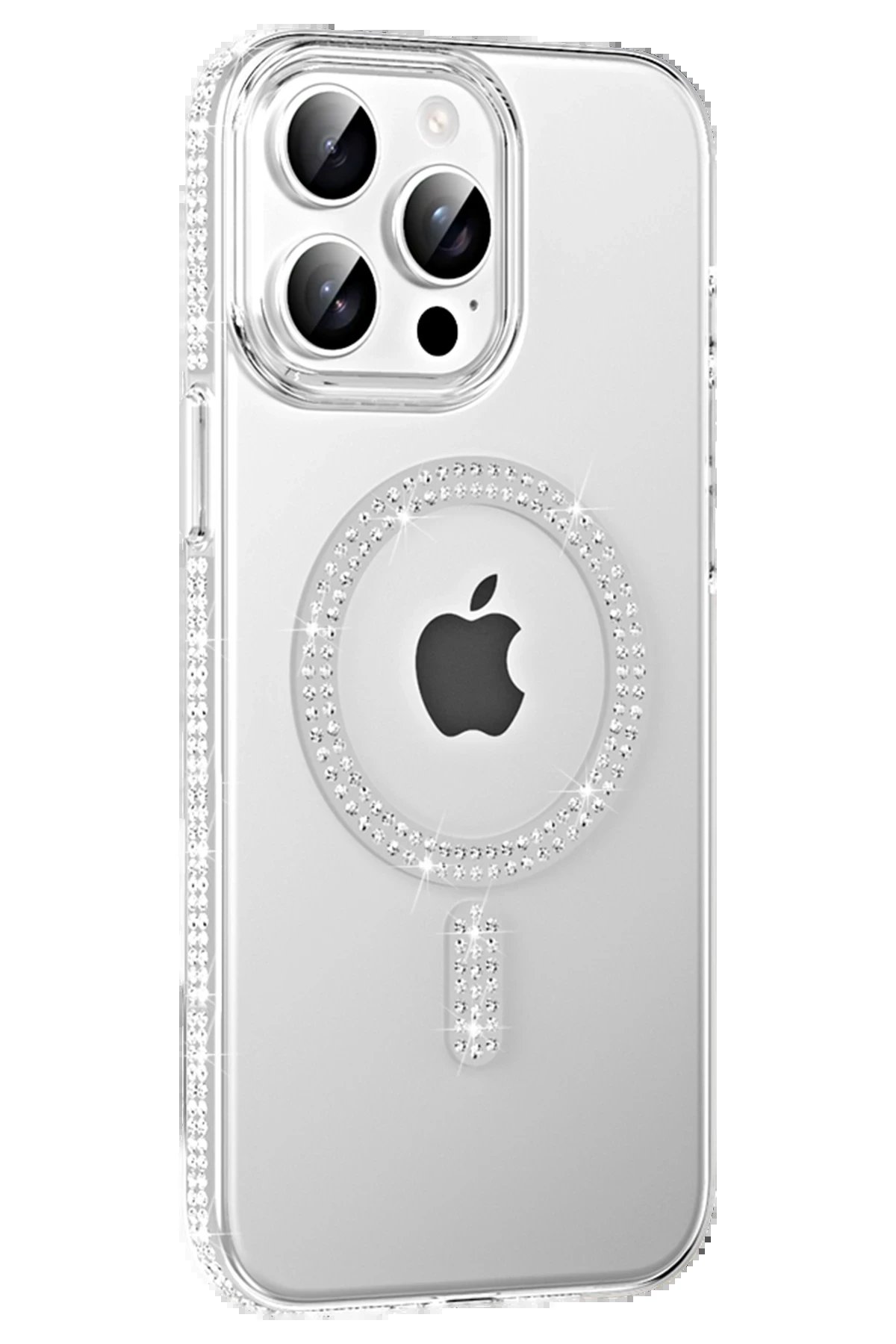 Apple iPhone 14 Pro Max Move Taşlı Magsafe Kapak - Gümüş-(5796)