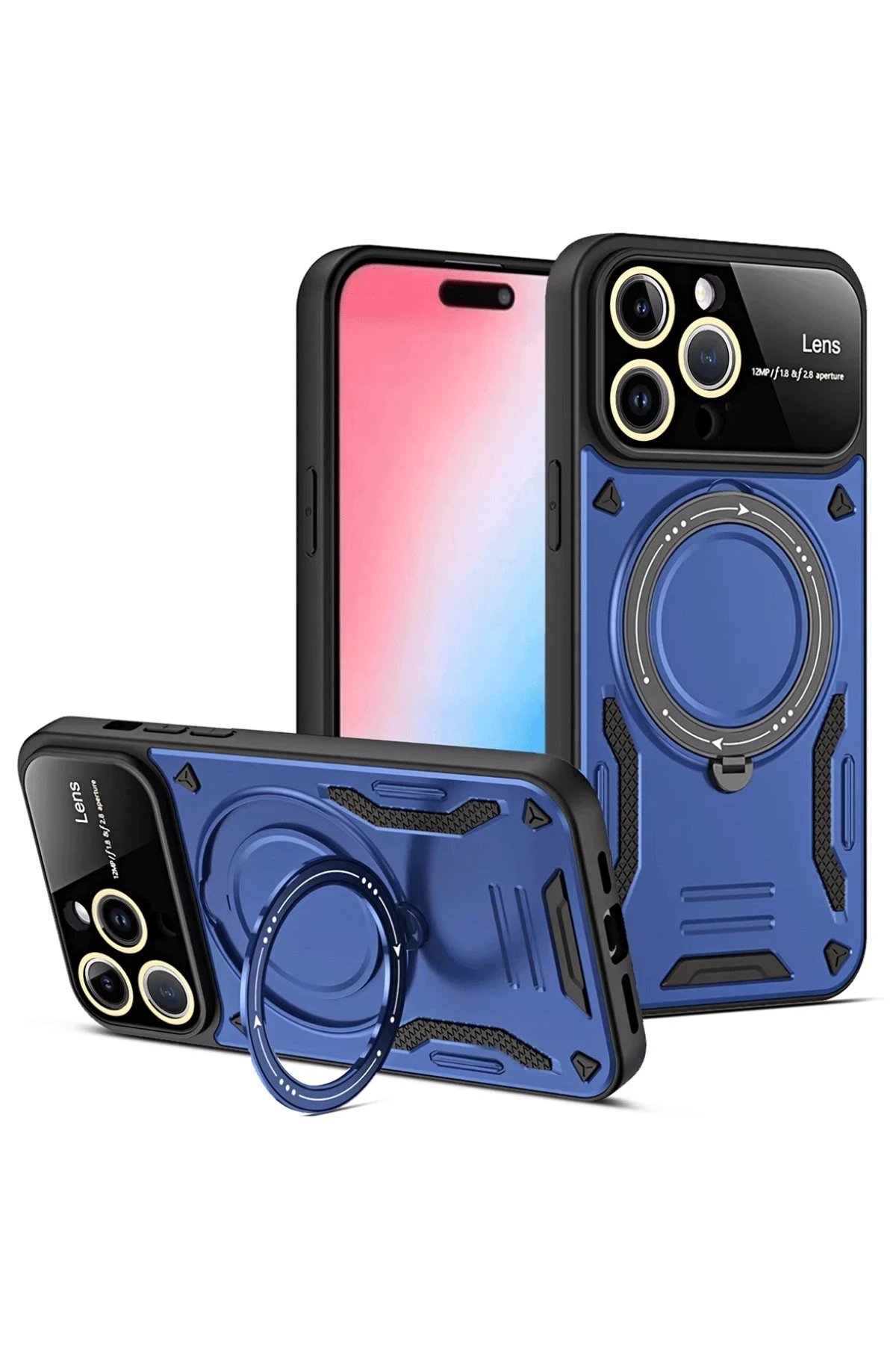 iPhone 15 Pro Max Joy Lens Standlı Kapak - Lacivert-(5796)