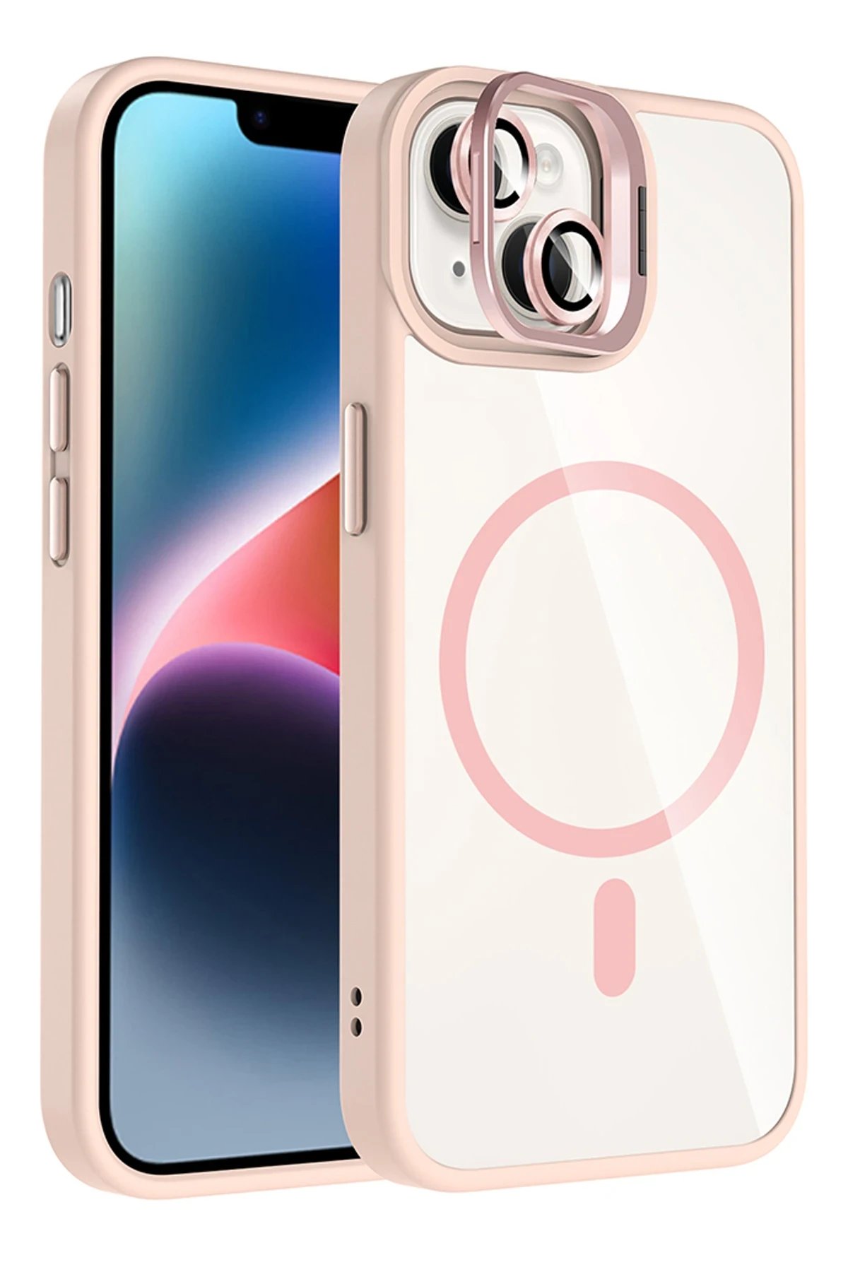 Apple iPhone 15 Plus Remim Lensli Magsafe Standlı Kapak - Pembe-(5796)