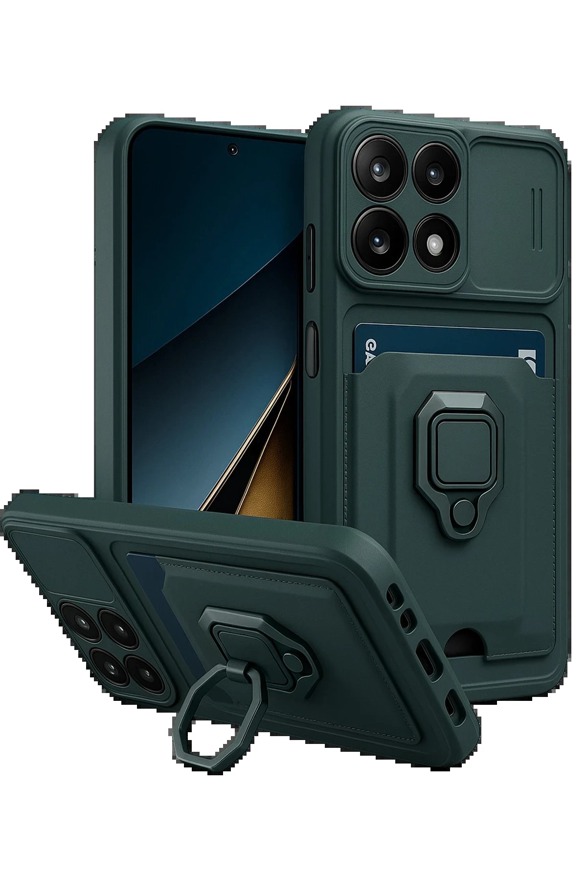 Xiaomi Mi 14T Pro Kılıf Zuma Kartvizitli Yüzüklü Silikon - Yeşil-(5796)
