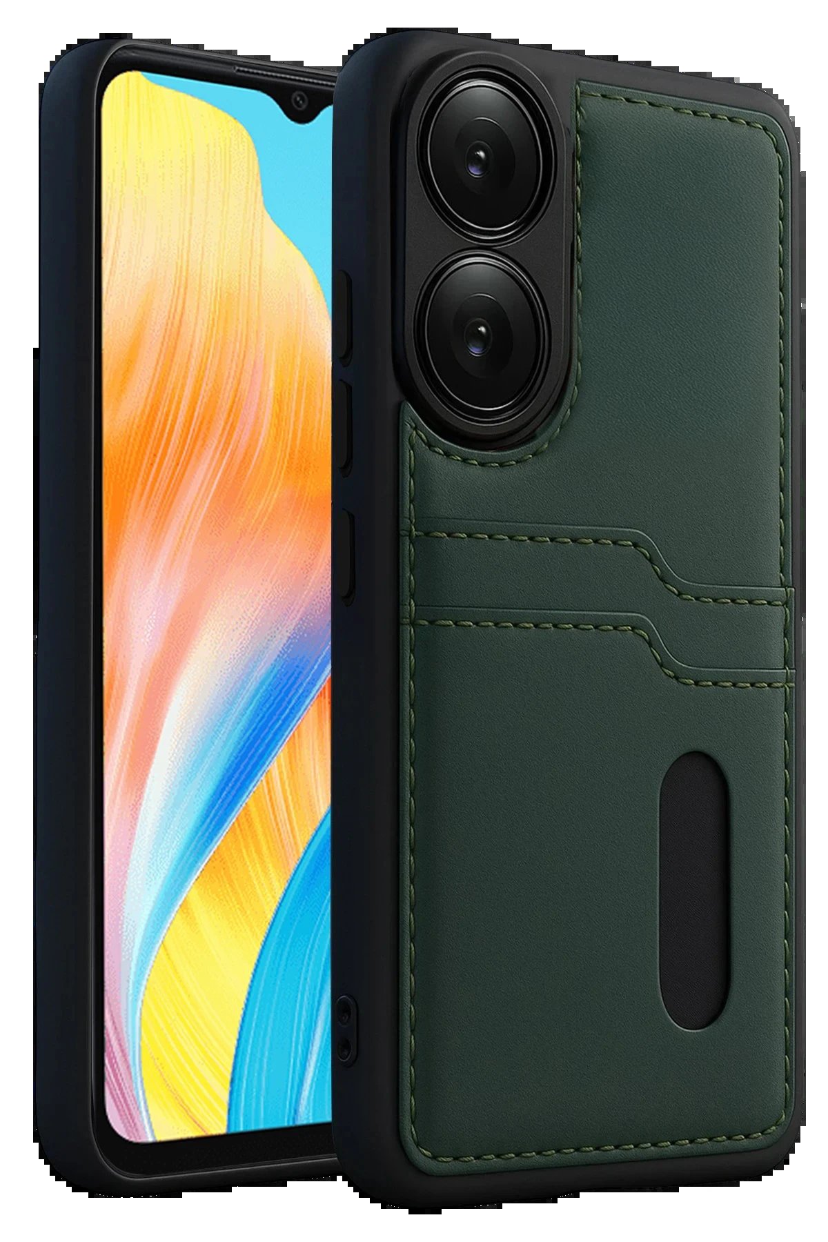 Oppo A38 Sara Kartvizitli Deri Kılıf - Yeşil-(5796)